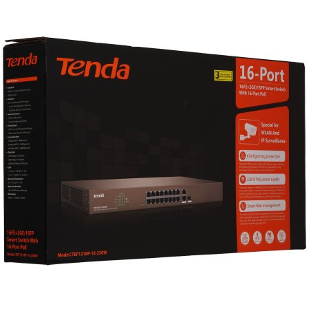 Коммутатор управляемый PoE Tenda F1218P-16-250W, 18 портов, 16х100 Мбит/с, 2x1 Gbит/с, SFP 1x1 Gbит/с