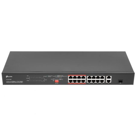 Коммутатор TP-Link 16-port 10/100Mbps + 2-port Gigabit unmanaged switch with 16 PoE+ ports, compliant with 802.3af/at PoE, 150W PoE budget,  support 250m Extend Mode, priority mode and Isolation mode, rackmount, plug and play.