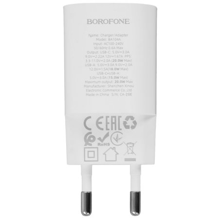 СЗУ 1USB+1Type-C 3.0A PD 20W+QC3.0 быстрая зарядка для Type-C Type-C Borofone BA104A (White)