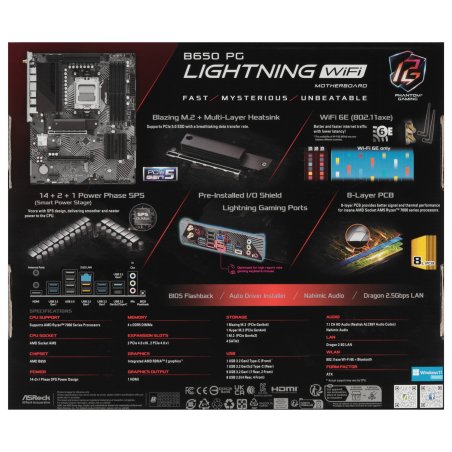 Материнская плата ASRock B650 PG Lightning, AM5, AMD B650, 4xDDR5, 4xSATA, 3xM.2, 1xPCI-E 4.0 x16, 1xPCI-E 4.0 x2, 1xHDMI, 1x 2.5Gb LAN, 4xUSB-A 2.0, 7xUSB-A 3.2 Gen 1, 1xUSB-C 3.2 Gen 2x2, 3x3.5 мм, 7.1, ATX