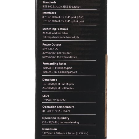 Коммутатор 9PORT 10/100M POE TEF1109P-8-63W Tenda