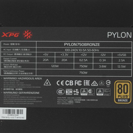 Блок питания ADATA XPG PYLON 750 (PYLON750B-BKCEU), 750 Вт, 120мм, 80 PLUS Bronze, 120мм, черный