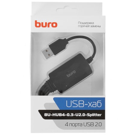 Разветвитель USB 2.0 Buro BU-HUB4-0.3-U2.0-Splitter 4порт. черный