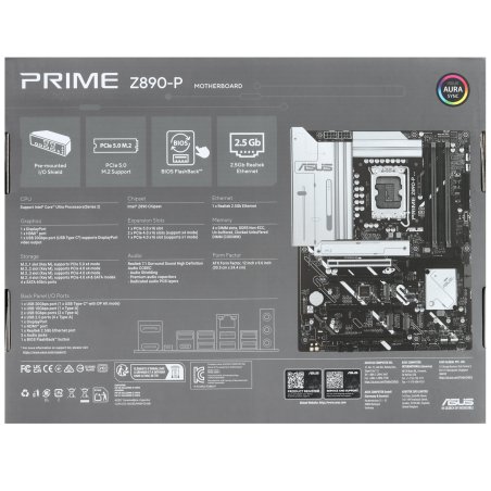 Материнская плата ASUS PRIME Z890-P WIFI, LGA 1851, Intel Z890, 4xDDR5, 4xSATA, 4xM.2, 1xPCIe 5.0 x16, 2xPCIe 4.0 x4, 1xPCIe 4.0 x1, 1xHDMI, 1xDP, 1xUSB-C (видеовыход), 2xUSB-A 3.2 Gen 1, 1xUSB-A 3.2 Gen 2, 4xUSB-A 2.0, 1xUSB-C Thunderbolt 4, 1x 2.5Gb LAN