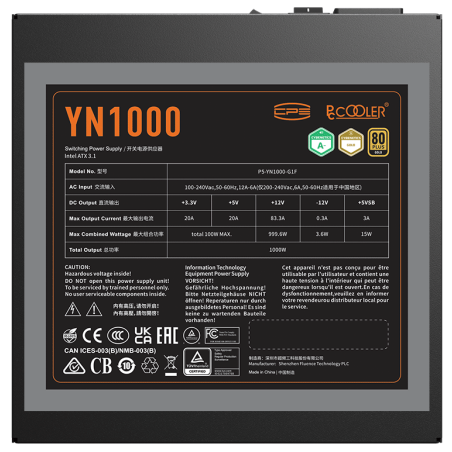 Блок питания PcCooler ATX 1000W P5-YN1000-G1F 80+ gold (20+4pin) APFC 120мм fan 6xSATA Cab Manag RTL