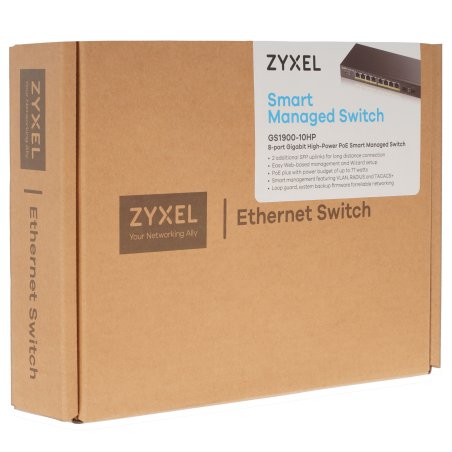 Коммутатор Smart L2 PoE+ Zyxel GS1900-10HP, 8xGE PoE+, 2xSFP, настольный, бесшумный, бюджет PoE 77 Вт