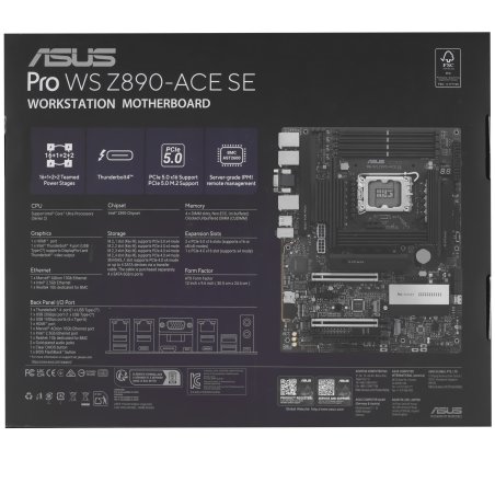 Материнская плата ASUS PRO WS Z890-ACE SE, LGA1851, Intel Z890, 4xDDR5, 4xM.2, 8xSATA, 2xPCIe 5.0 x16, 1xPCIe 4.0 x4, 1xHDMI, 1xThunderbolt 4 (USB-C), 1xVGA, 1x10Gb LAN, 1x2.5Gb LAN, 6xUSB-A 10Gbps, 1xUSB-C 20Gbps, 2x3.5 мм аудио, 7.1, ATX