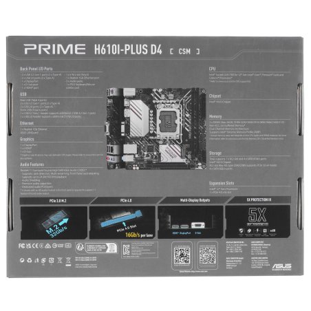 Материнская плата ASUS PRIME H610I-PLUS D4-CSM, LGA 1700, Intel H610, 2xDDR4, 4xSATA, 1xM.2 PCIe 3.0 x4, 1xPCIe 4.0 x16, 1xHDMI, 1xDP, 1xVGA, 2xUSB-A 3.2 Gen 1, 2xUSB-A 2.0, 1x 1Gb LAN, 3x3.5 мм, 7.1, Mini-ITX