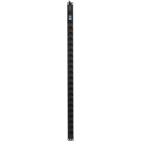 Блок розеток вертикальный ExeGate ServerPro PDU-V201 Al-20S-EU3-1P (19", 1U, Алюминий,20 Schuko, кабель с евровилкой VDE-250V-16A-3*2.5мм2, 3 метра, автомат защиты, черный, RTL)