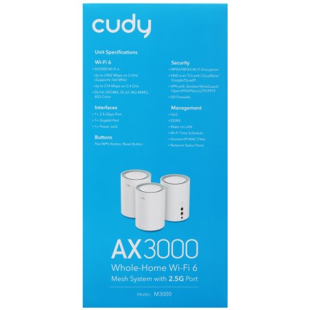 Wi-Fi Mesh-система/ AX3000 Wi-Fi 6 Mesh 2.5G Solution 3-Pack, Dual-Band, Chipset MT7981BA+MT7976CN+RTL8221B, 802.11ax/ac/a/b/g/n, 2402Mbps at 5GHz + 574Mbps at 2.4GHz, 2.5G WAN+GE LAN, 5 internal antennas, MU-MIMO, DDNS, Zerotier/Wireguard/OpenVPN/IPSec/L