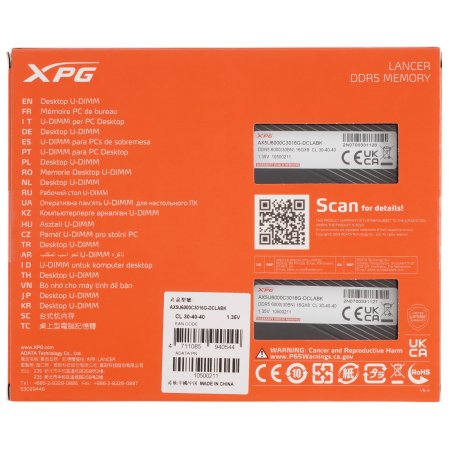 Оперативная память XPG Lancer, DDR5, 32Gb (2x16Gb), 6000MHz, CL30, DIMM, с радиаторами, черный