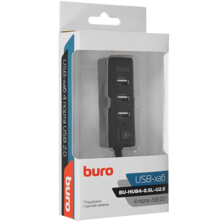 Разветвитель USB 2.0 Buro BU-HUB4-0.5L-U2.0 4порт. черный