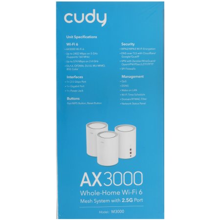 Wi-Fi Mesh-система/AX3000 Wi-Fi 6 Mesh 2.5G Solution 3-Pack, Dual-Band, Chipset MT7981BA+MT7976CN+RTL8221B, 802.11ax/ac/a/b/g/n, 2402Mbps at 5GHz + 574Mbps at 2.4GHz, 2.5G WAN+GE LAN, 5 internal antennas, MU-MIMO, DDNS, Zerotier/Wireguard/OpenVPN/IPSec/L2