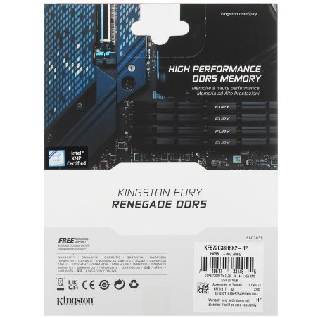 Оперативная память Kingston Fury Renegade, DDR5, 32Gb (2x16Gb), 7200MHz, CL38, DIMM, с радиатором, серебристый/черный