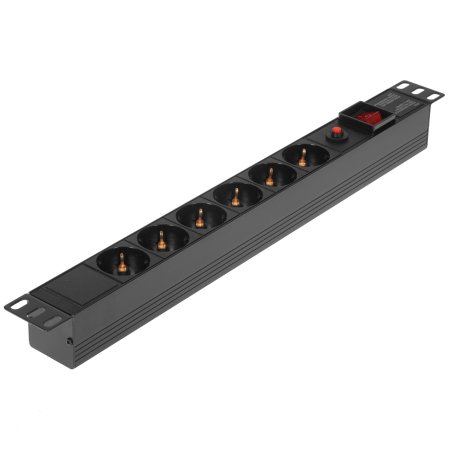 Блок розеток горизонтальный ExeGate ServerPro PDU-19H605 Al-6S-C14-SW-O, 19", 1U, Алюминий, 6 Schuko, С14, выкл. с подсветкой, защита от перегрузки, черный