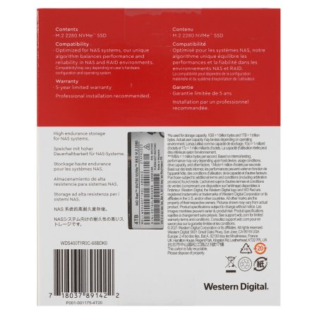 Накопитель SSD WD Red SN700 WDS400T1R0C, 4Tb, PCIe 3.0 x4, M.2 2280, NVMe, R/W 3400/3100