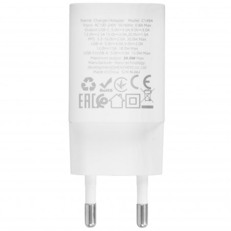 Сетевое зарядное устройство HOCO C149A 1USB+1Type-C 3.0A PD 30W+QC3.0, белый