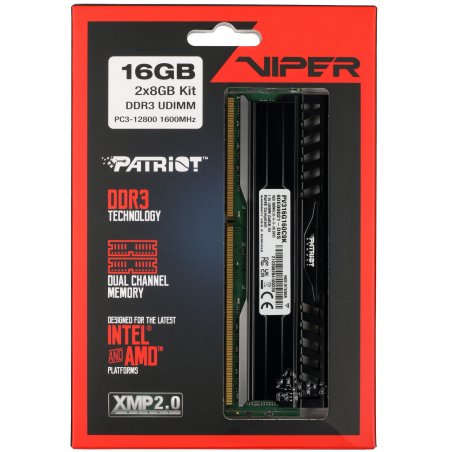 Оперативная память Patriot Viper 3, DDR3, 16GB (2x8 GB), 1600 MHz, CL9, DIMM, радиатор, черный