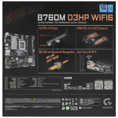 Материнская плата Gigabyte B760M D3HP DDR5, LGA 1700, Intel B760, 4xDDR5, 4xSATA, 2xM.2, 1xPCIe 4.0 x16, 1xPCIe x1, 1xHDMI, 1xVGA, 1xDP, 1x 1Gb LAN, 3xUSB-A 3.2 Gen 1, 2xUSB-A 2.0, 3x3.5 мм, 7.1, mATX