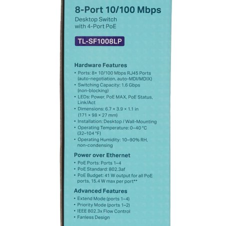 Коммутатор TP-Link 8-Port 10/100Mbps Unmanaged Switch with 4-Port PoE, metal case, desktop mount, PoE budget 41W.