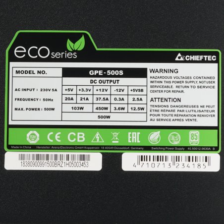 Блок питания Chieftec GPS-500A8, 500Вт, 80 PLUS, 120мм, черный