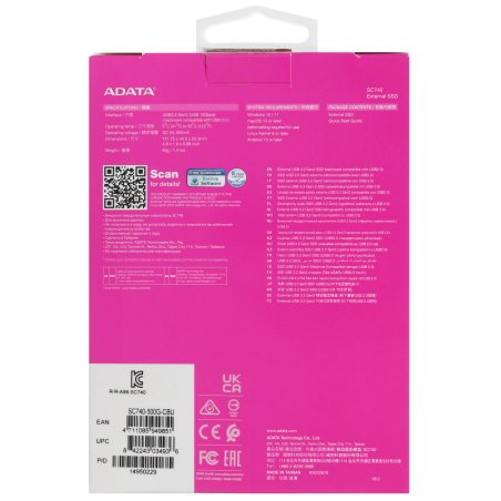 Внешний SSD ADATA SC740, 500 Gb, USB 3.2 Gen 2 Type-C, R/W 1050/1000, синий