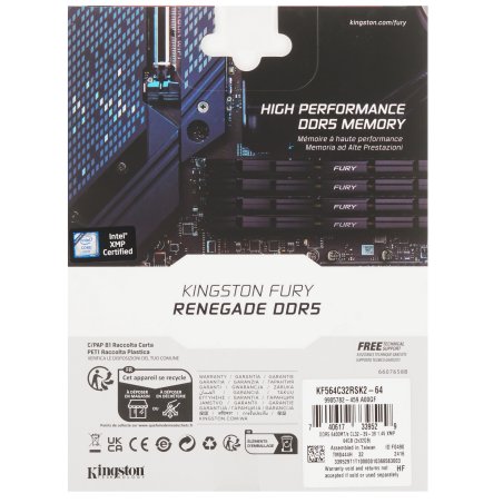 Оперативная память Kingston Fury Renegade, DDR5, 64Gb (2x32Gb), 6400MHz, CL32, DIMM, радиатор, серебристый/черный