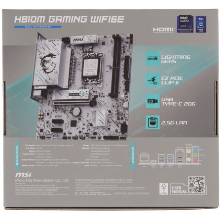 Материнская плата MSI H810M GAMING WIFI6E, LGA1851, Intel H810, 2xDDR5, 4xSATA, 1xM.2, 1xPCIe 5.0 x16, 2xPCIe 3.0 x1, 1xDP, 1xHDMI, 1x5Gb LAN, Wi-Fi 6E, Bluetooth 5.3, 1xUSB-C 20Gbps, 2xUSB-A 5Gbps, 4xUSB-A 2.0, 3x3.5 мм, 7.1, mATX