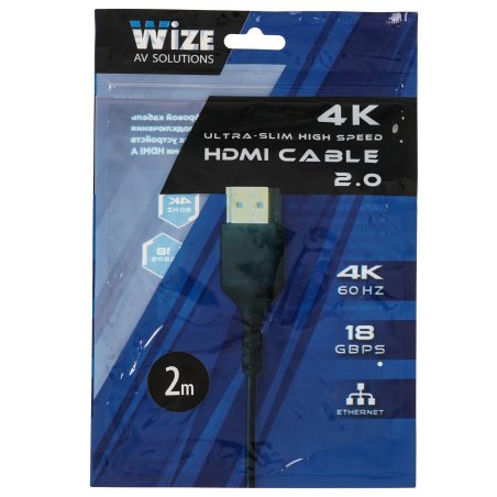 Кабель HDMI Wize WAVC-HDMIUS-2M 2 м, v.2.0, 19M/19M, 4K/60 Hz 4:4:4, 36 AWG, HDCP 2.2,ультратонкий, позол.разъемы, черный, пакет