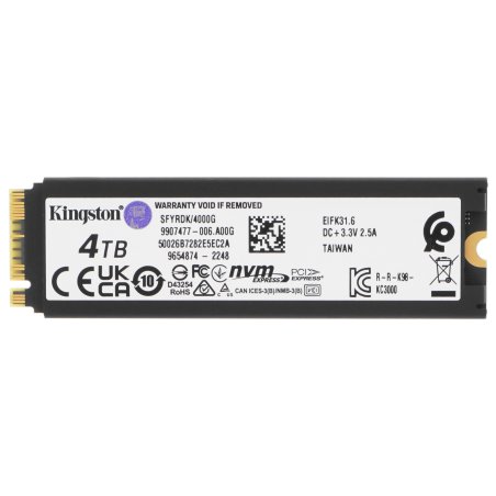 Накопитель SSD Kingston Fury Renegade, 4Tb, PCIe 4.0 x4, M.2 2280, NVMe, R/W 7300/7000, с радиатором