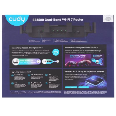 Маршрутизатор Cudy APP BE6500 2.5G Dual Band Wi-Fi 7 Mesh Router, Chipset Broadcom, 802.11be/ax/ac/a/b/g/n, 5764Mbps at 5GHz + 688Mbps at 2.4GHz, 1 x 2.5Gbps WAN Port, 4 x 10/100/1000Mbps Ports, 6 x 5dBi fixed antennas, WiFi router/AP/ Repeater/WISP Mode,