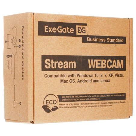 Веб-камера ExeGate EX287379RUS Stream C925 FullHD T-Tripod (матрица 1/3" 2 Мп, 1920х1080, 1080P, 30fps, 4-линзовый объектив, шторка, фиксированный фокус, USB, микрофон с шумоподавлением, поворотное крепление, телескопический штатив Tripod Tele Ball, кабел