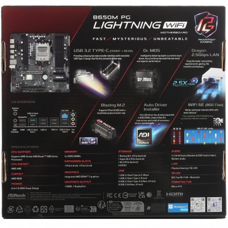 Материнская плата ASRock B650M PG Lightning, AM5, AMD B650, 4xDDR5, 4xSATA, 3xM.2, 1xPCIe 3.0 x16, 1xPCIe 4.0 x16, DisplayPort, HDMI, 1x2.5Gb LAN, USB Type-C, 3x3.5 мм, 7.1, microATX