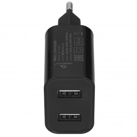 Сетевое зарядное устройство Cablexpert MP3A-PC-37 USB 2 порта, 2.4A, черный + кабель 1м Type-C
