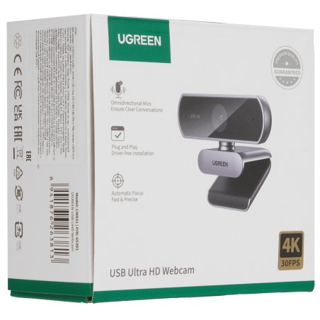 Веб-камера UGREEN CM717 2560x1440, 30 кадр/с, USB, микрофон (2 шт, шумоподавление), автофокус, универсальное крепление, серый