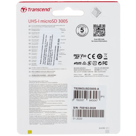 Флеш карта microSD 256Gb Transcend microSDXC Class 10 UHS-I U3, V30, A1, (SD адаптер), TLC