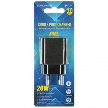 Сетевое зарядное устройство 1 Type-C Borofone BA71A Power, пластик, PD20Вт, QC3.0, черный (1/75/300)
