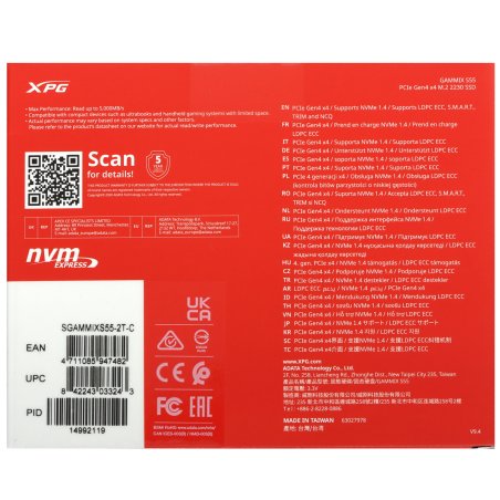 Накопитель SSD ADATA XPG GAMMIX S55, 2000 Gb, PCIe 4.0 x4, M.2 2230, NVMe, R/W 5000/3200, без радиатора