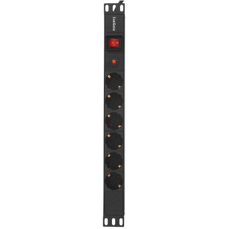 Блок розеток горизонтальный ExeGate ServerPro PDU-19H606 Al-6S-EU2-SW-O, 19", 1U, Алюминий, 6 Schuko, кабель с евровилкой VDE-250V-16A-3*1.5мм2, 2 метра, выкл. с подсветкой, защита от перегрузки, черный