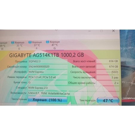 Накопитель SSD Gigabyte AORUS Gen5 14000 AG514K1Tb, 1Tb M.2 2280 PCI-Express 5.0x4, NVMe 2.0, 3D TLC NAND, Phison PS5026-E26, TbW 700