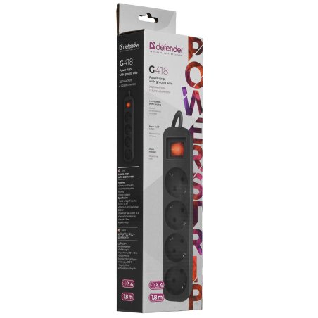 Удлинитель Defender G418 черный, 1.8 м, EURO, 4 розетки, 2200 Вт