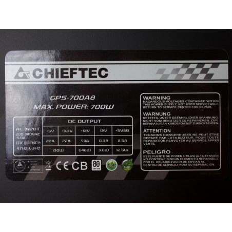 Блок питания Chieftec GPS-700A8, 700Вт, 80 PLUS, 120мм, черный