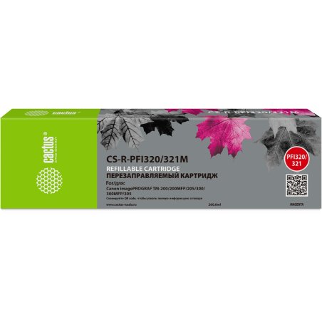 Картридж перезаправляемый струйный Cactus CS-R-PFI320/321M PFI320/321M пурпурный (260мл) для Canon imagePROGRAF TM-200/200MFP/205/300/300MFP/305