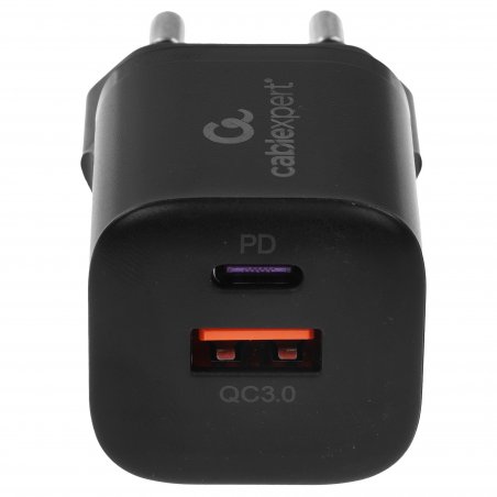 Сетевое зарядное устройство Cablexpert 20Вт, 3А, QC3.0/PD, 1xUSB, 1xType-C, черный, пакет