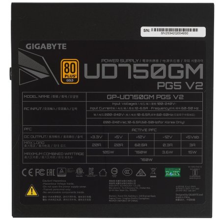 Блок питания Gigabyte ATX 750W GP-UD750GM 80+ gold 24+2x(4+4) pin APFC 120мм fan 8xSATA Cab Manag RTL