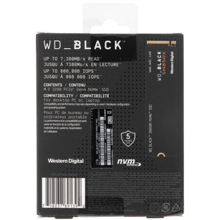 Накопитель SSD WD 1Tb Black SN850X, M.2(22x80мм), NVMe, PCIe 4.0 x4, 3D TLC, R/W 7300/6300Mb/s, IOPs 800 000/1 100 000, TbW 600, DWPD 0.3 (12 мес.)