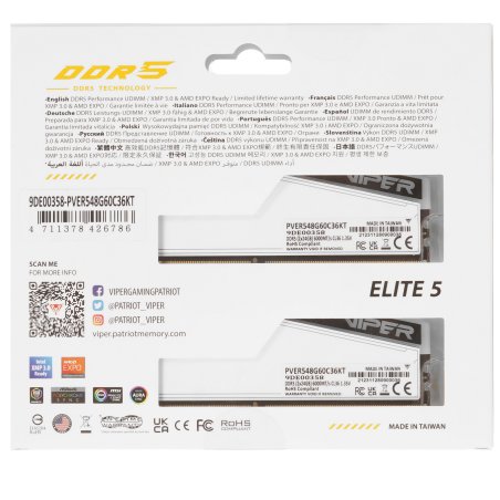 Оперативная память Patriot Viper Elite 5 TUF Gaming, DDR5, 48Gb (2x24 Gb), 6000 MHz, CL36, DIMM, радиатор, RGb, белый