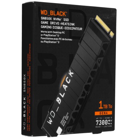 Накопитель SSD WD 1Tb Black SN850X, M.2(22x80мм), NVMe, PCIe 4.0 x4, 3D TLC, R/W 7300/6300Mb/s, IOPs 800 000/1 100 000, TbW 600, DWPD 0.3, with Heat Spreader (12 мес.)