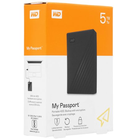 Внешний HDD 2.5" Western Digital My Passport, 5TB, USB 3.2 Gen 1 Type-A, 5400 rpm, черный