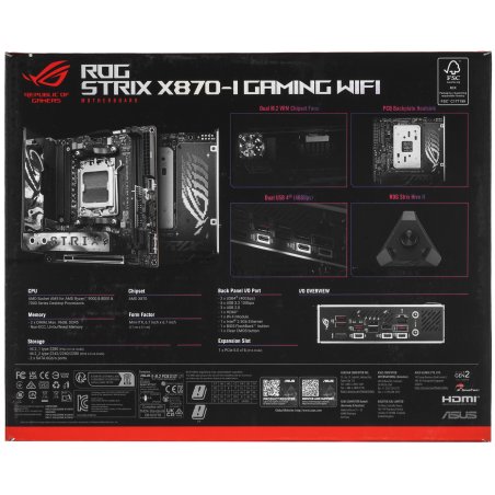Материнская плата ASUS ROG STRIX X870-I GAMING WIFI, AM5, AMD X870, 2xDDR5, 2xSATA, 2xM.2, 1xPCI-E 5.0 x16, 1xHDMI, 2xUSB-C USB4, 1xUSB-C 10Gbps, 4xUSB-A 10Gbps, 1x 2.5Gb LAN, 2x3.5 мм, Mini-ITX